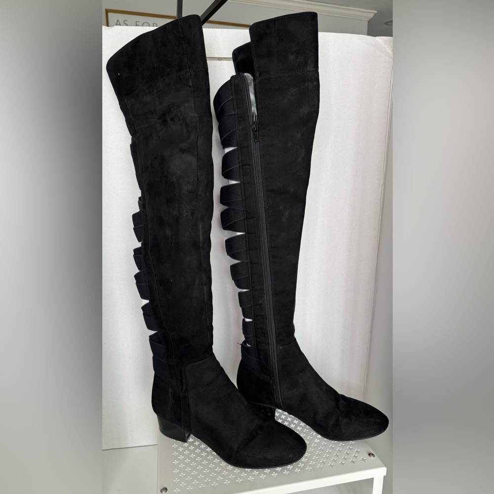 Nine West Suede Black Over Knee-High Boots Crisscross Stretchy Elastic Size 7.5